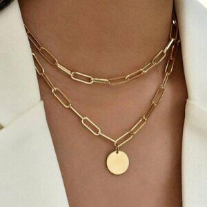 Yellow Gold Women's & Metal Punk Chain Necklace With Round Pendant